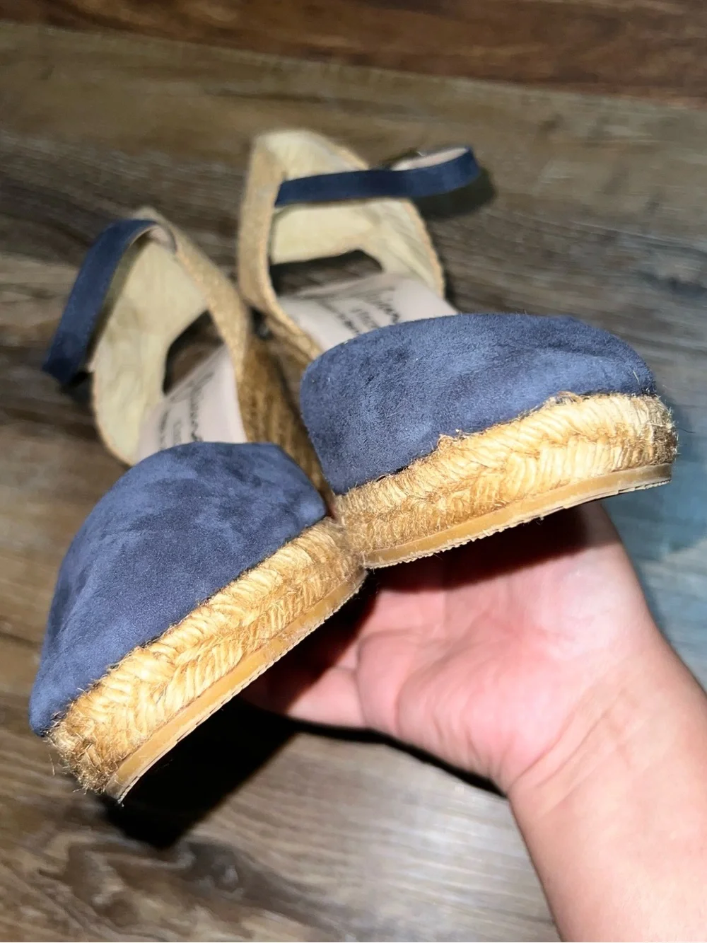 Gaimo Navy Blue Suede Espadrille Ankle Strap Wedge Sandals, Size 7.5